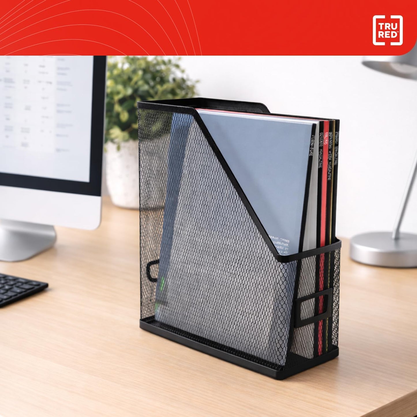 TRU RED Metal Magazine File Organizer, Black – Top‑Loading Desktop File Holder with Handle, Holds Up to 1000 Sheets