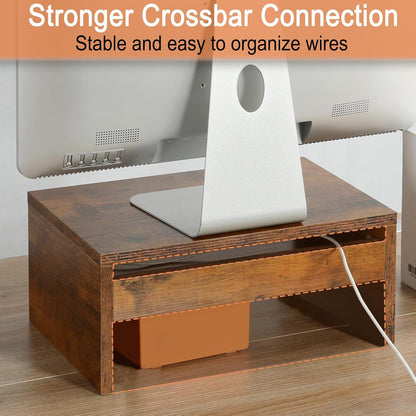 TEAMIX 14.2 inch Monitor Stand Riser, Rustic Brown Wood Monitor Riser with Storage for Desk Small Monitor Stand TV/Screen/PC/Laptop Riser Computer Stand Desktop Shelf (Brown-14.2 inch)