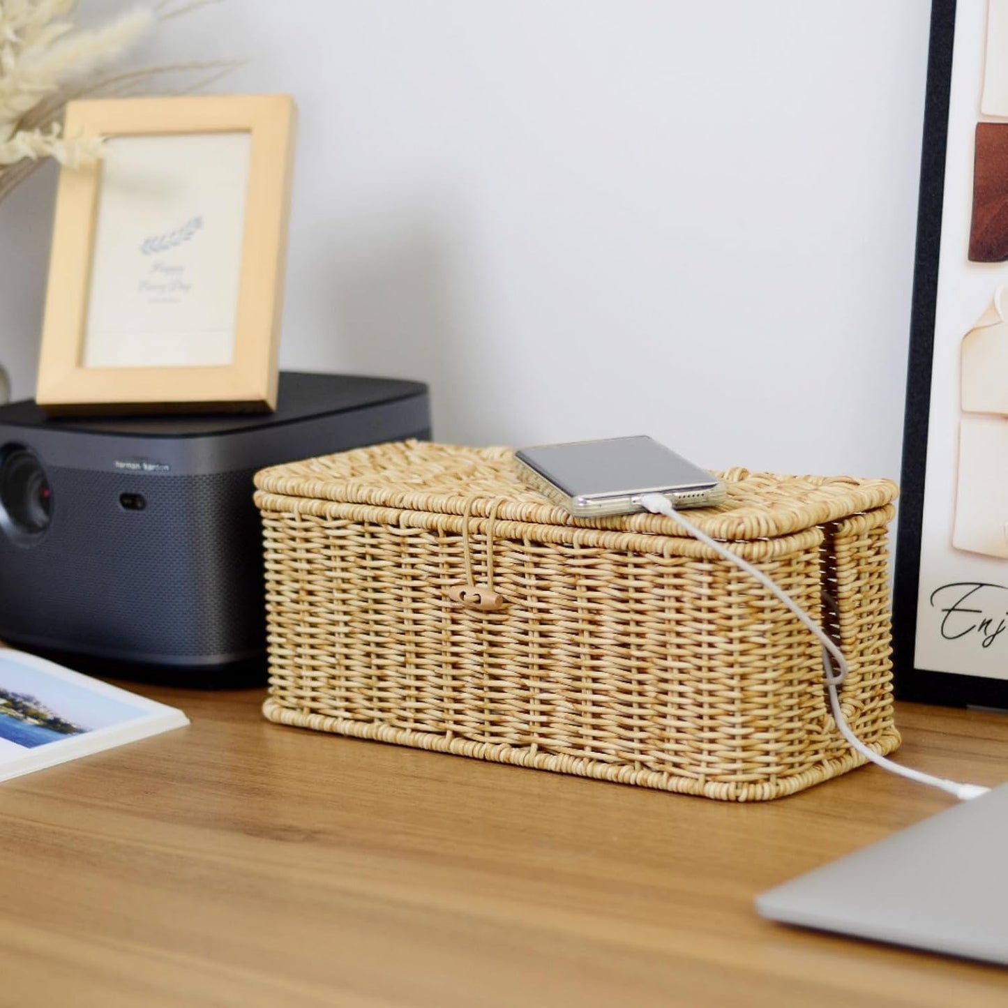 BROWNLILY Cable Management Box, Rattan Style Cord Organizer for Desk Cord Hider Outlet Covers Baby Proofing for Power Strip TV PC Router Charger Under Desk Storage with Lockable Lid and Cable Ties