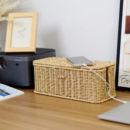BROWNLILY Cable Management Box, Rattan Style Cord Organizer for Desk Cord Hider Outlet Covers Baby Proofing for Power Strip TV PC Router Charger Under Desk Storage with Lockable Lid and Cable Ties