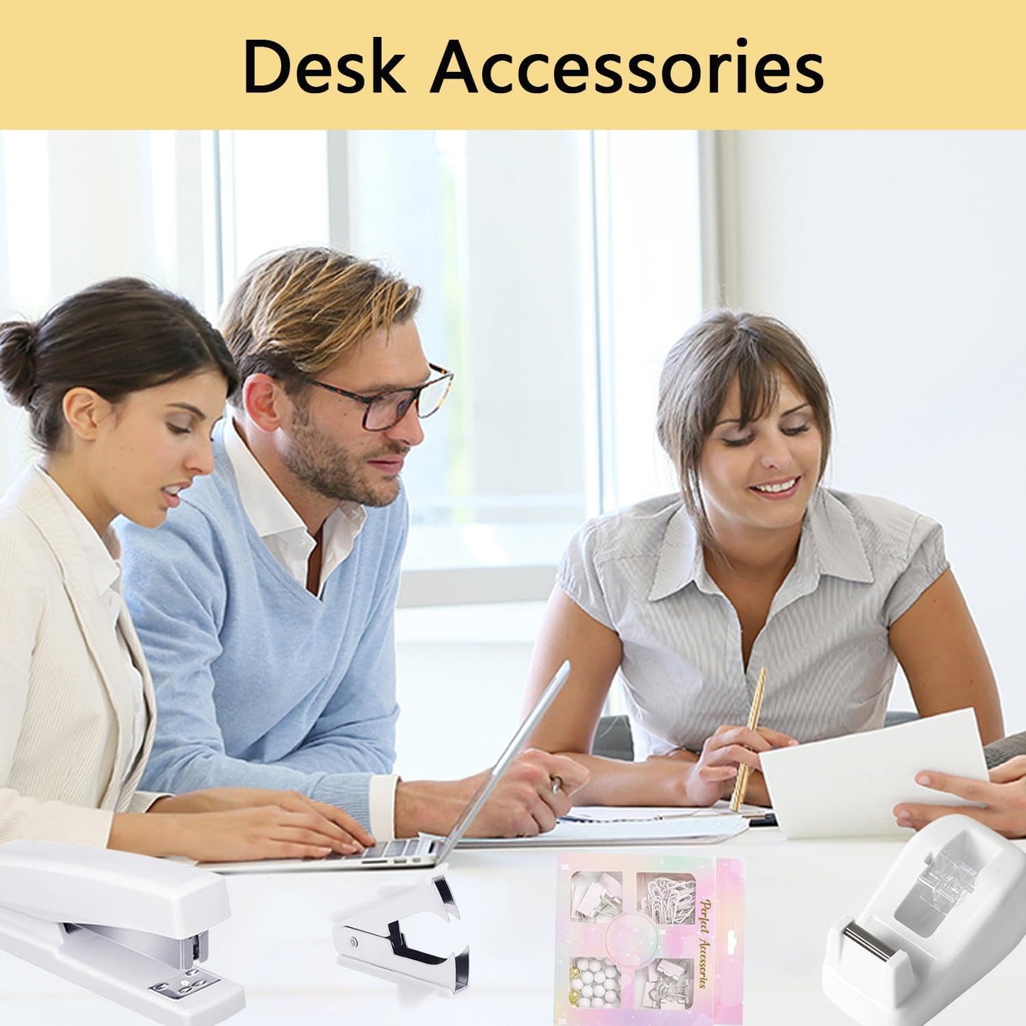 suniya Office Supplies,Gold Desk Accessories,with Stapler,Tape Dispenser,Pen Holder,Scissors,Phone Stand,Staple Remover,Ballpoint Pen,Clear Tape, Staples,Ruler,Clips,Best Gift for Business or Boss