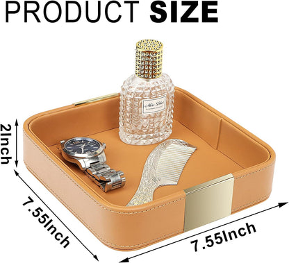 SANZIE Luxury Leather Desktop Storage Small Catchall Organizer Decorative Tray for Entryway Table to Hold Jewelry Watch Cosmetics Keys Phone Wallet, Home & Office Accessories (Metal Silvered, Black)
