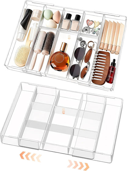 Acrylic Expandable Desk Drawer Organizer with 11 Adjustable Compartments and 6 Removable Dividers Desk Accessories for Office Kitchen Bathroom Makeup and Utensil Junk Storage (Clear, 2Pcs)