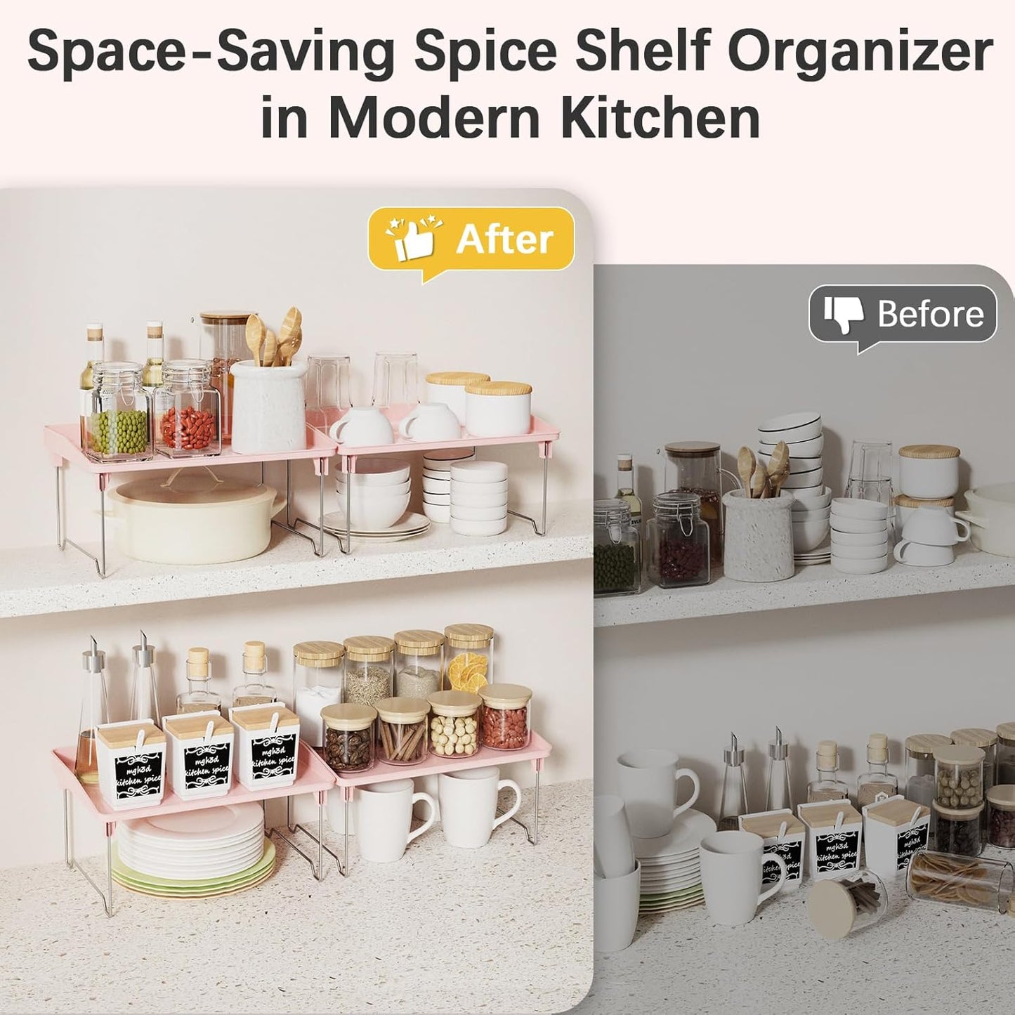 STARLATTA 2 Pcs Cabinet Organizer Shelf, Stackable Kitchen Counter Shelves, Spice Rack,Countertop Organizers, Clear Plastic Storage Shelves Rack for Makeup,Bathroom,Cupboard,Desk,Pantry Organization