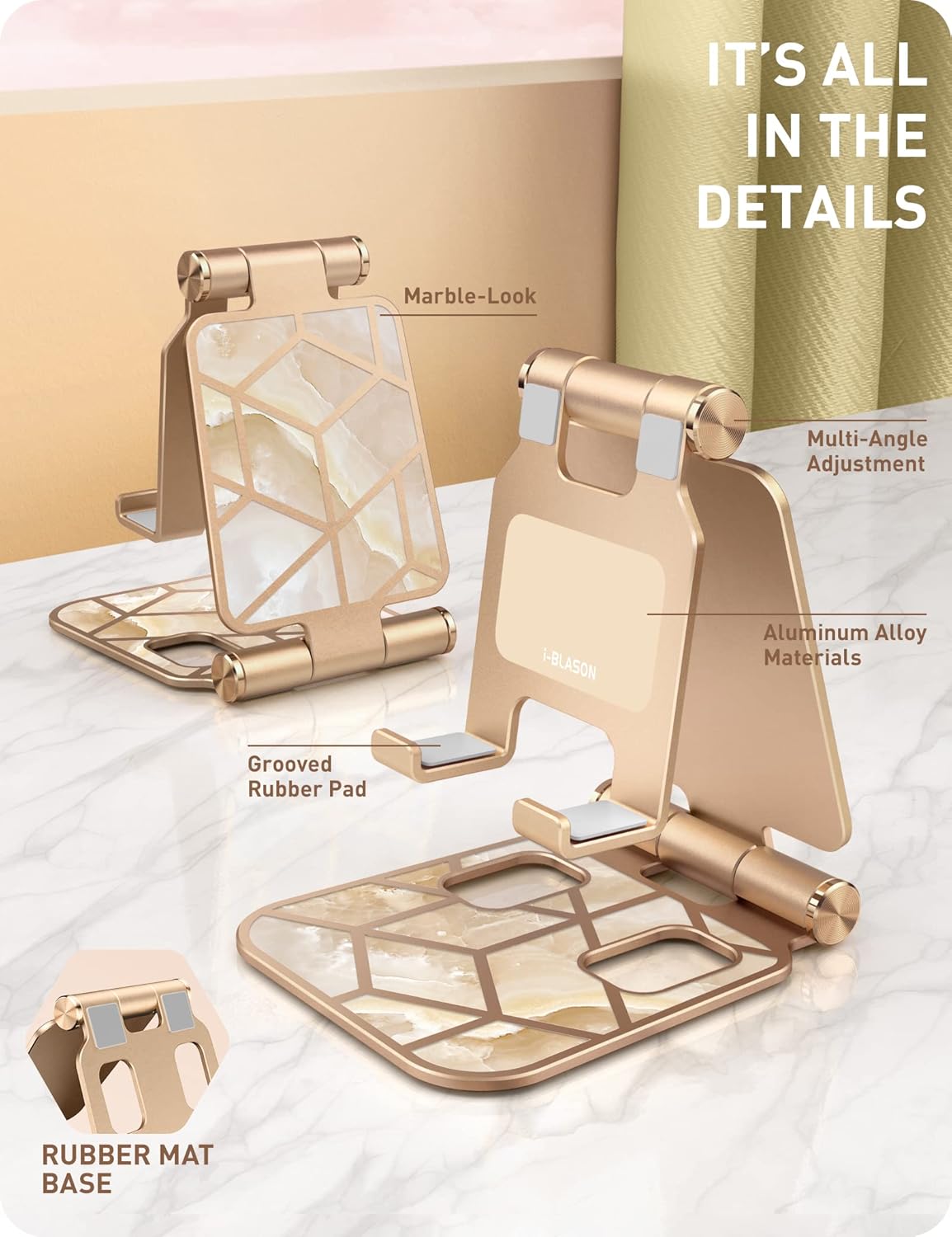 i-Blason Cell Phone Stand for Desk, Cell Phone Holder, Fits All Smart Phones, iPhone 16 15 14 13 Pro Max, Foldable Phone Stand Holder, Marble