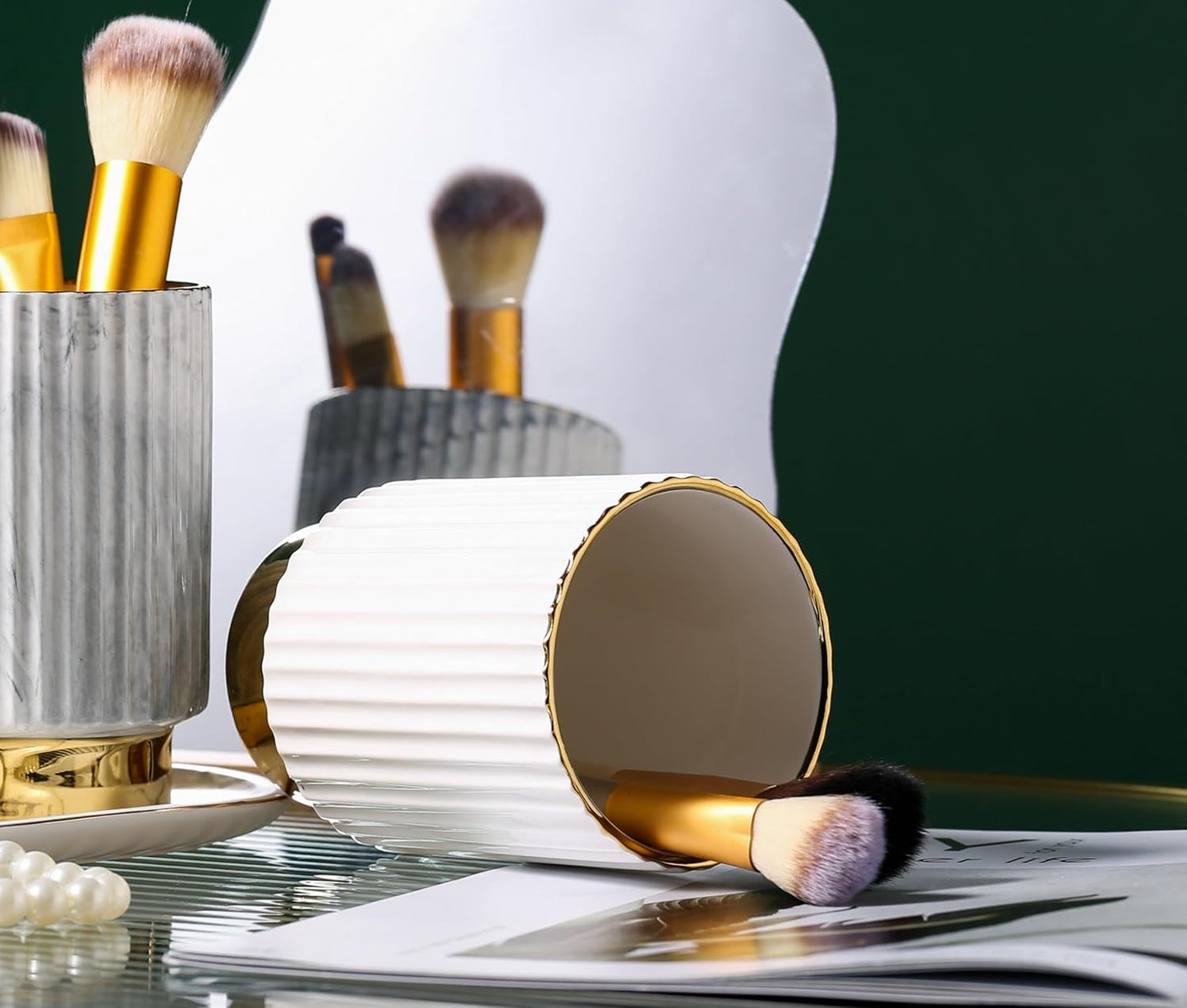 IEEK Makeup Brush Holder Organizer Pen Pencil Cup Glass Make Up Brushes and Toothbrush Organizer for Bathroom Vanity Desktop European Style Striped Brushes Container,Grey and Gold