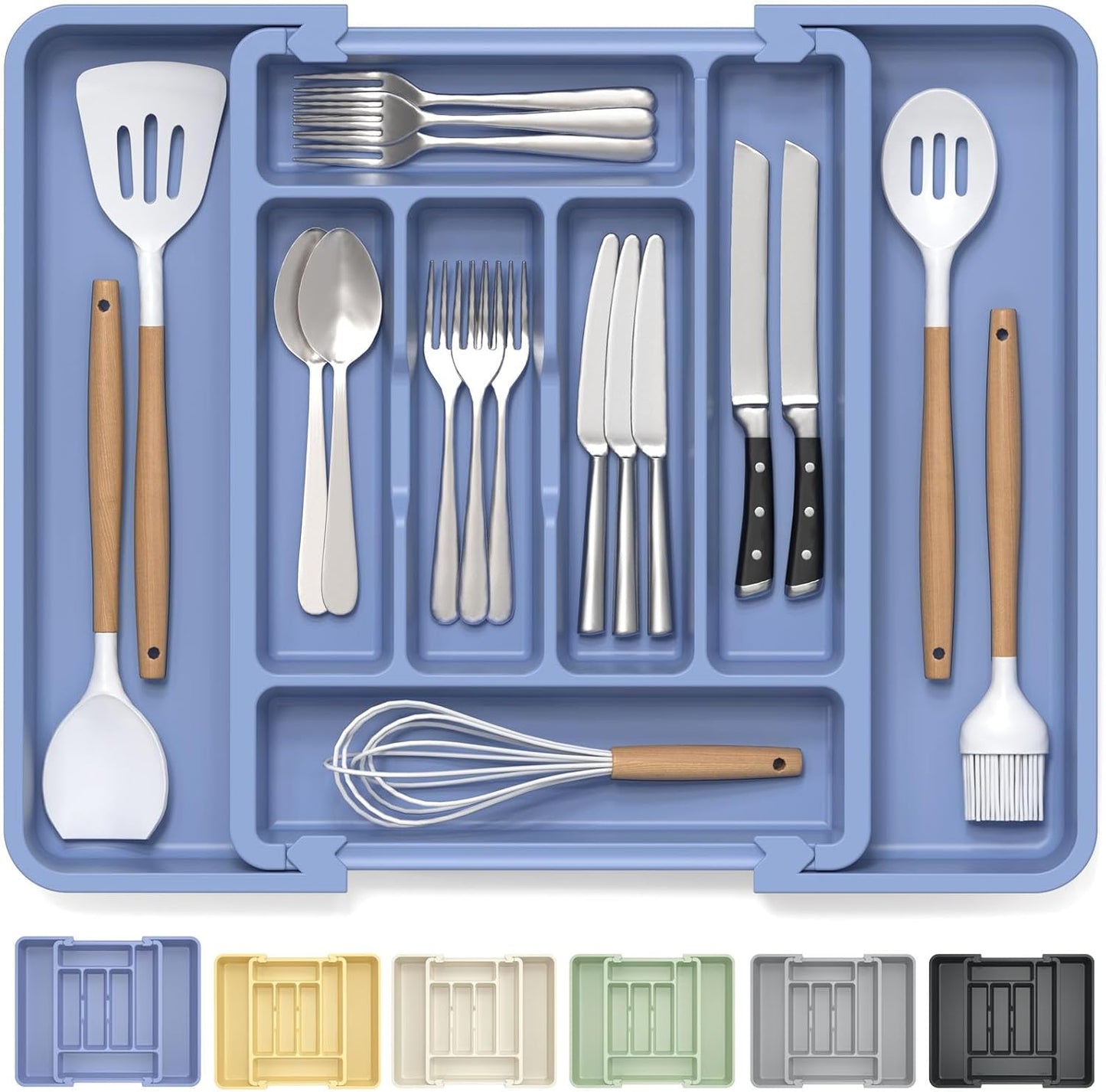 Caperci Large Silverware Organizer for Kitchen Drawer & Utensils - Expandable Drawer Organizer for Cutlery, Flatware & Gadget, BPA-Free Thick Plastic, Wider Compartments & Non-skid Feet (Tofu)