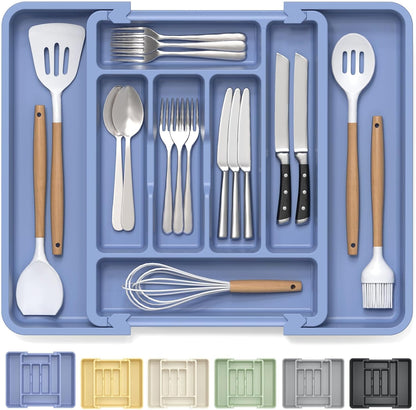 Caperci Large Silverware Organizer for Kitchen Drawer & Utensils - Expandable Drawer Organizer for Cutlery, Flatware & Gadget, BPA-Free Thick Plastic, Wider Compartments & Non-skid Feet (Tofu)