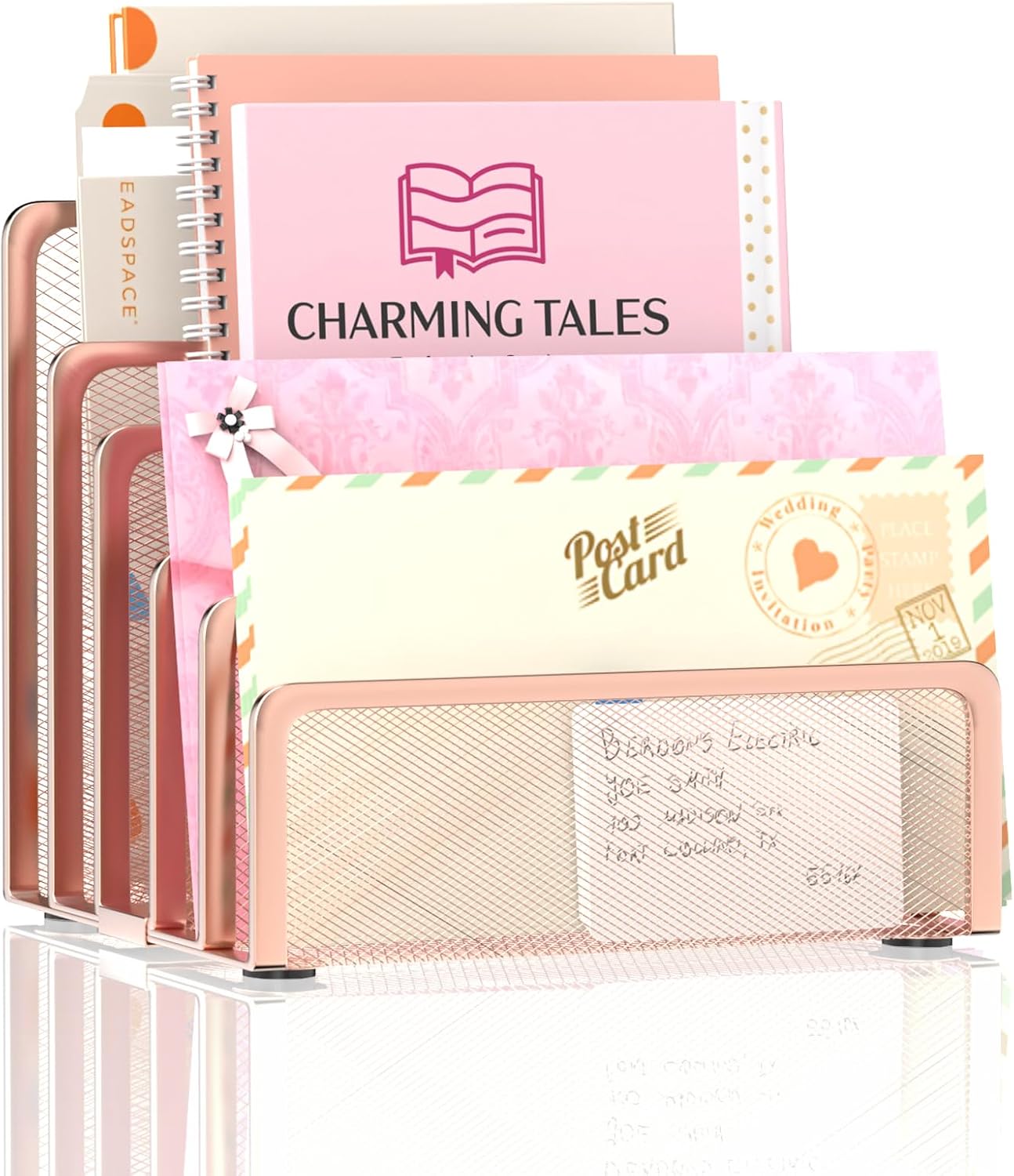 Mail Organizer Countertop with 5 Slot, Metal Mail Holder for Desk, File Holder Letter Sorter for Envelope, Bill and Document (Rose Gold)