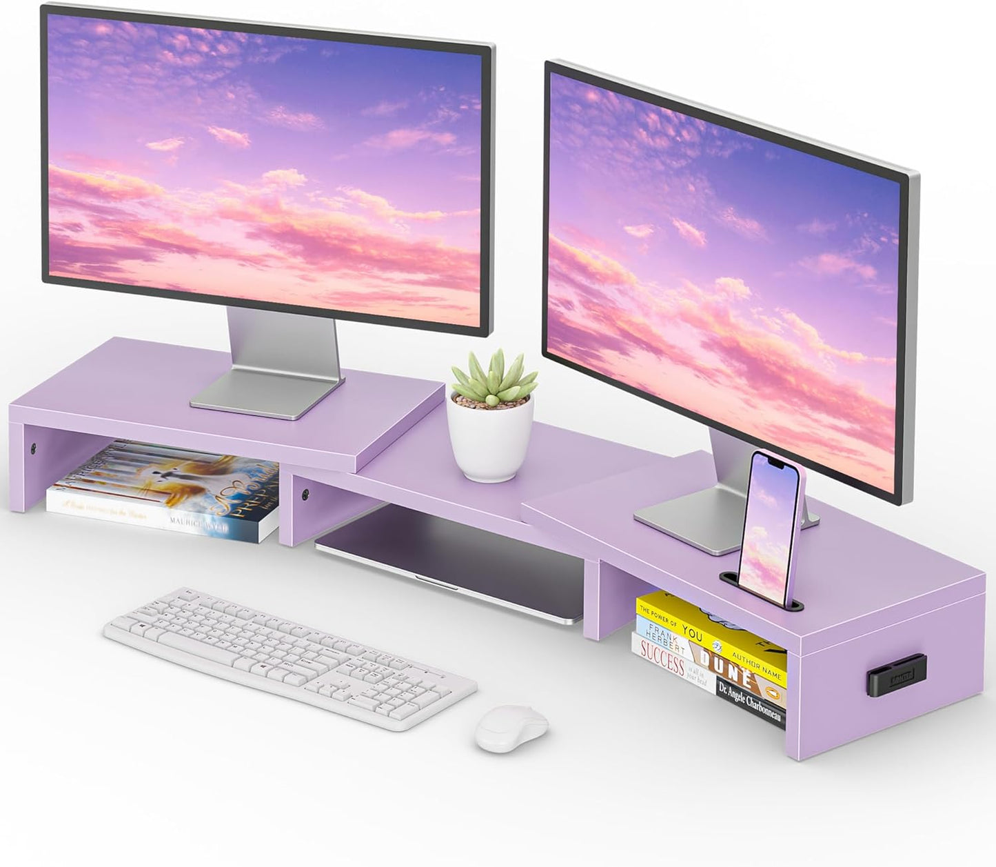 BONTEC Dual Monitor Stand Riser with Smartphone Holder, Adjustable Length & Swivel Angle, Ergonomic Wooden Desktop Organizer for PC Monitor, Laptop, Printer, Large Storage, White