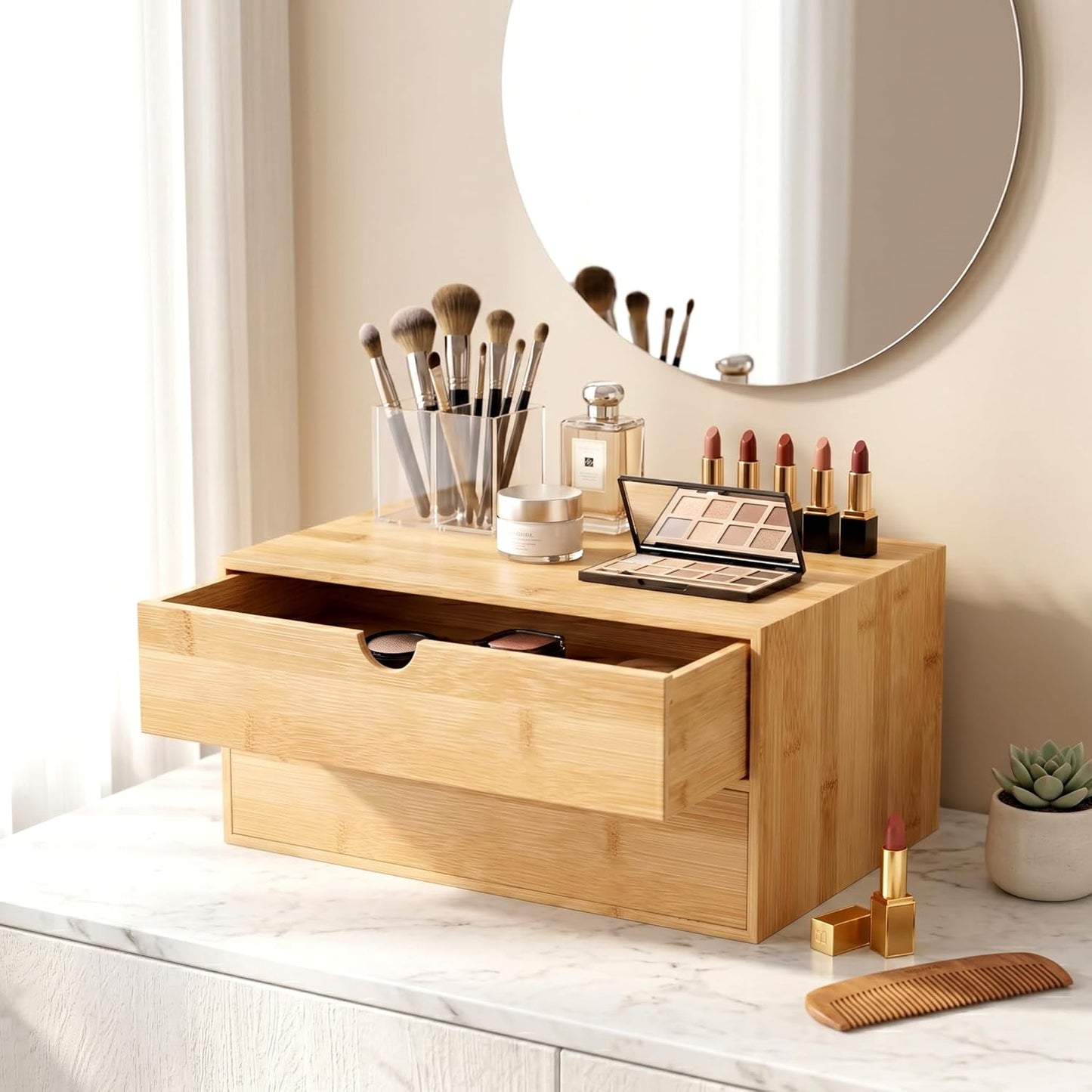 Desk Organizer with Drawers - Bamboo Desktop Organizer Storage | Wood Desk Drawers Organizer for Bills, Office Supplies, Cosmetics, Seals No Assembly Required (3 Drawer with Big Drawer)
