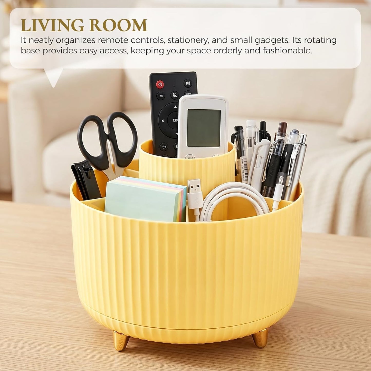 KONVINIT Pencil Pen Holder for Desk, 5 Slots 360 - Degree Rotating Desktop Organizer, Cute Desk Organizers and Accessories for School, Home, Office and Art Supply, Beige