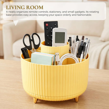 KONVINIT Pencil Pen Holder for Desk, 5 Slots 360 - Degree Rotating Desktop Organizer, Cute Desk Organizers and Accessories for School, Home, Office and Art Supply, Beige