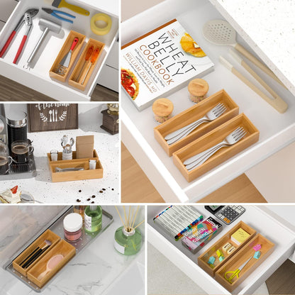 VeyFey Bamboo Drawer Organizer, Stackable Utensil Organizer for Kitchen, Bamboo Storage Box Wood Silverware Tray for Drawer 15" x 6" x 2" Set of 2