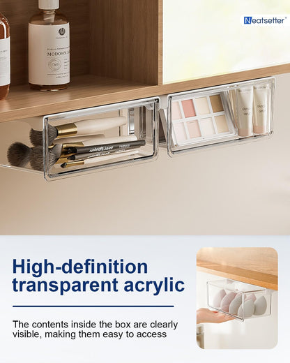 Hanging Cabinet Organizer – 33° Tilted Under Desk Drawer & Bathroom Storage – Self-Adhesive Clear Pull-Out Bins for Kitchen, Office & Vanity (Medium)