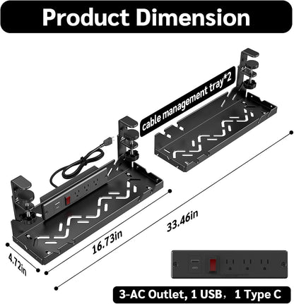 Extended Metal Under Desk Cable Management Tray with Power Outlet, No-Drill Wire Organizer with Clamp, Cord Storage Raceway for Desk Cable Management for Office Home (White)
