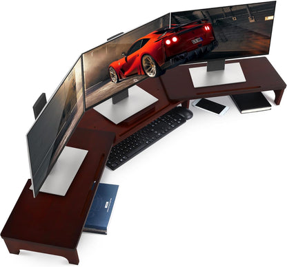 Nnewvante Monitor Stand Riser, 60 inch Large Bamboo Dual Monitor Stand for Desk, 3 Shelves Desktop Screen Riser with Adjustable Length Angle for Computer Laptop PC