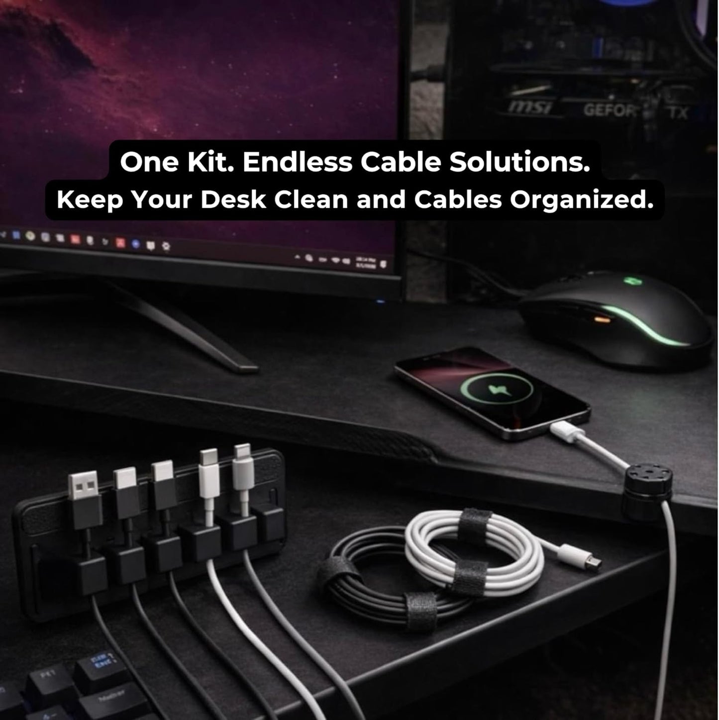 Magnetic Cable Organizer Kit (17-Piece) – Desk Cable Management Set with Magnetic Base & Adhesive Clips – Holds 6 Cables – Reusable Cable Ties for Office, Home & Gaming Setup