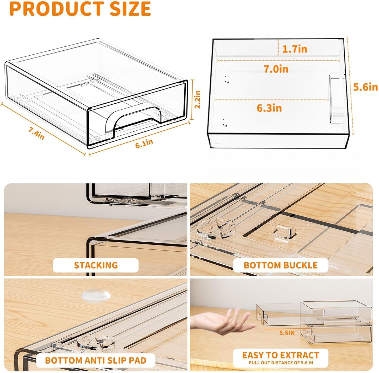Yieach 4 Pack Clear Stackable Storage Drawers,4.4'' Tall Acrylic Drawer Containers for Organizing,Bathroom Organizers and Storage Bin Box,Plastic Makeup,Medicine Organizer Bins for Cabinet,Undersink