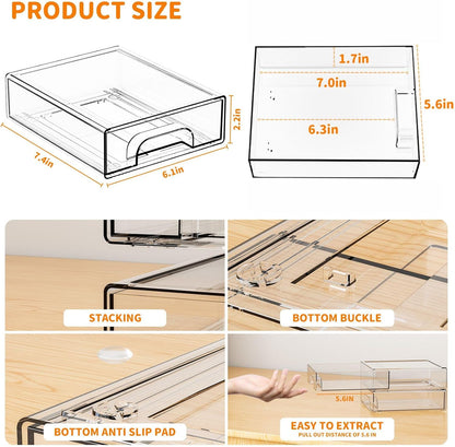 Yieach 4 Pack Clear Stackable Storage Drawers,4.4'' Tall Acrylic Drawer Containers for Organizing,Bathroom Organizers and Storage Bin Box,Plastic Makeup,Medicine Organizer Bins for Cabinet,Undersink