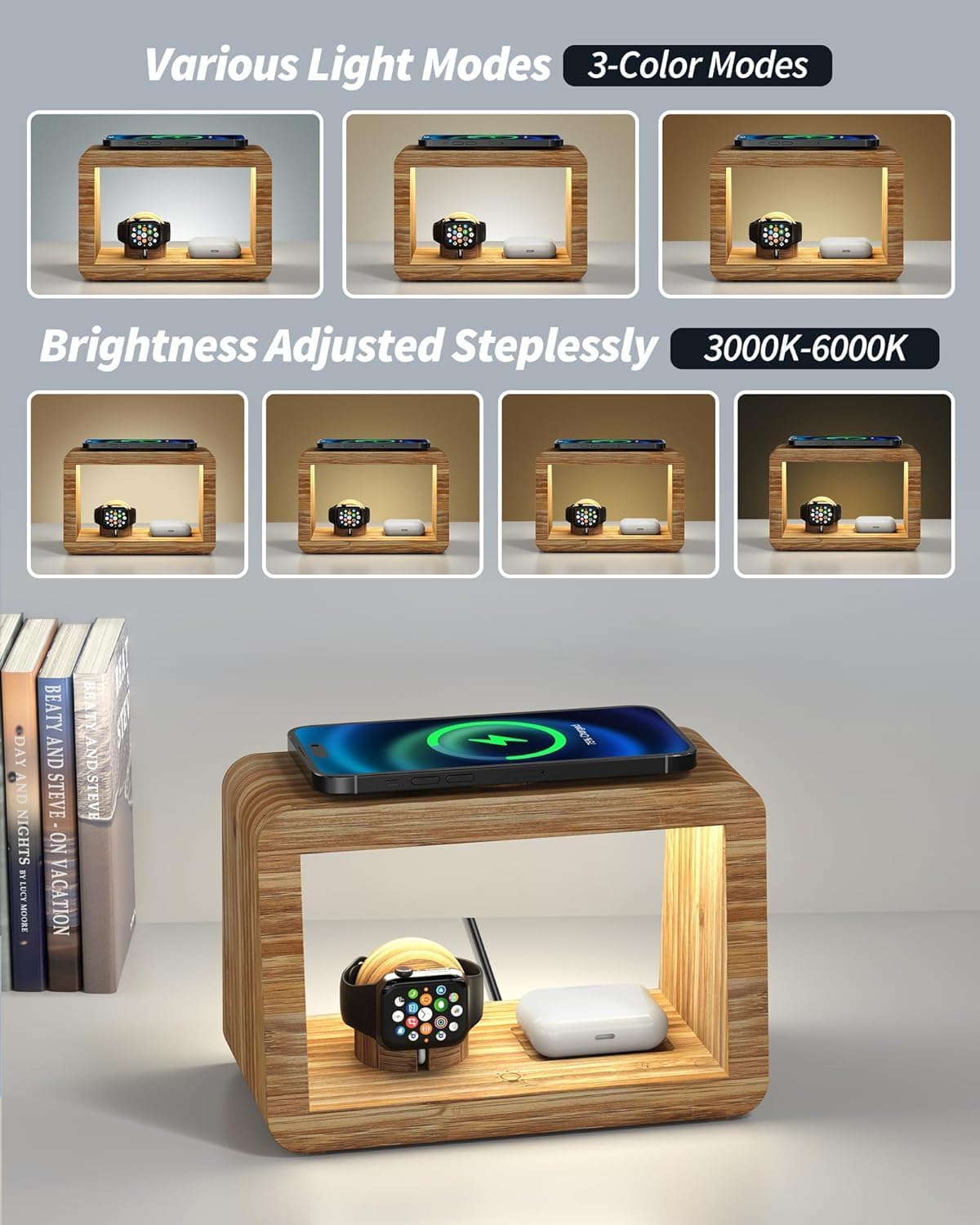 Bamboo Wireless Charging Station with Alarm Clock & Night Light, 3 in 1 Charging Station for iPhone 17/16/15/14/13/12/11 Pro Max/X/Xs, AirPods 4/3 & AirPods Pro 3/2/1/, Apple Watch Series