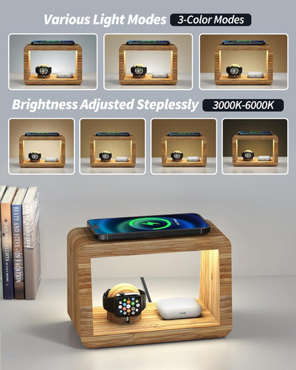 Bamboo Wireless Charging Station with Alarm Clock & Night Light, 3 in 1 Charging Station for iPhone 17/16/15/14/13/12/11 Pro Max/X/Xs, AirPods 4/3 & AirPods Pro 3/2/1/, Apple Watch Series