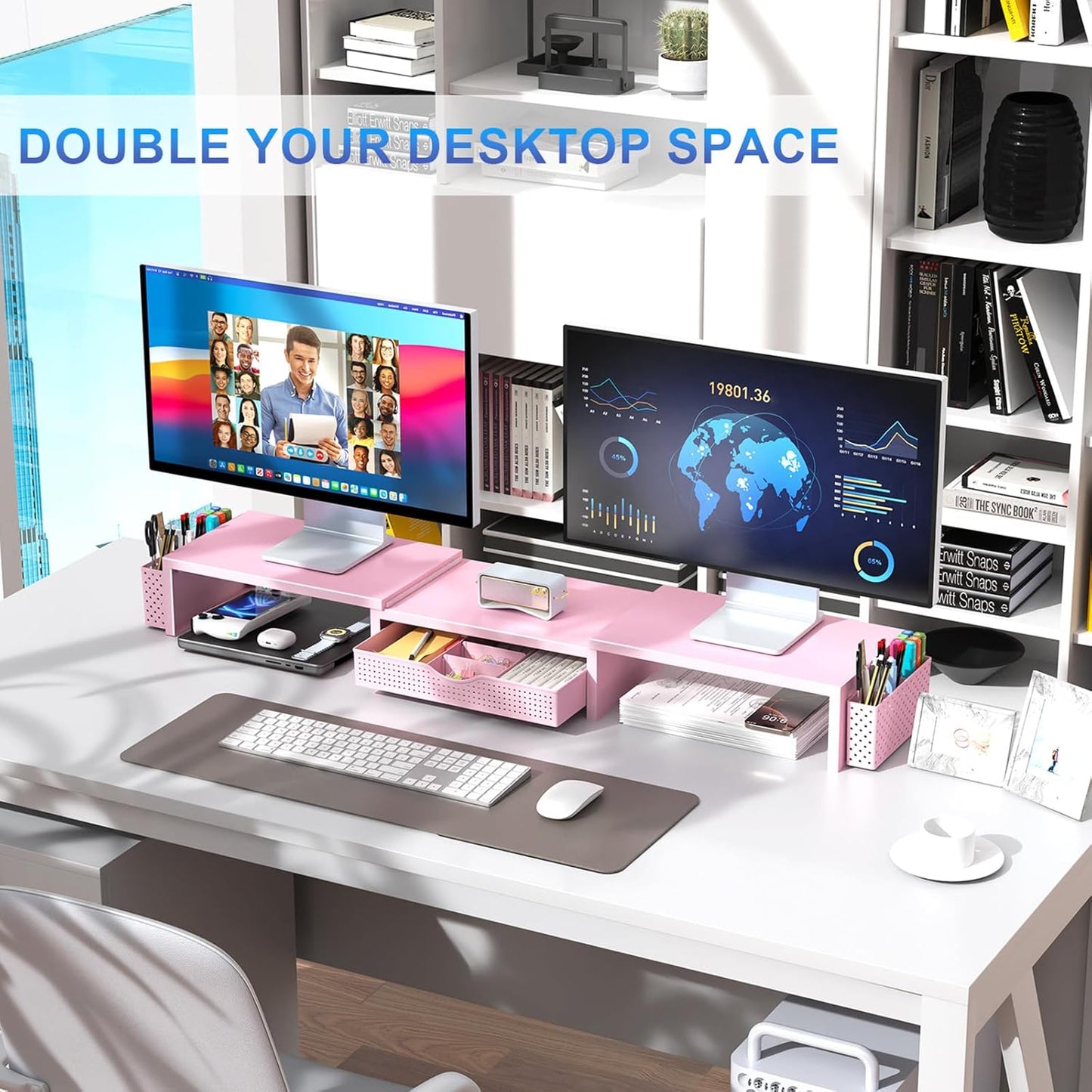 gianotter Dual Monitor Stand Riser, Desk Organizer With Drawer and 2 Pen Holders, Computer Monitor Stand, Shelf for Top of Desk, Black