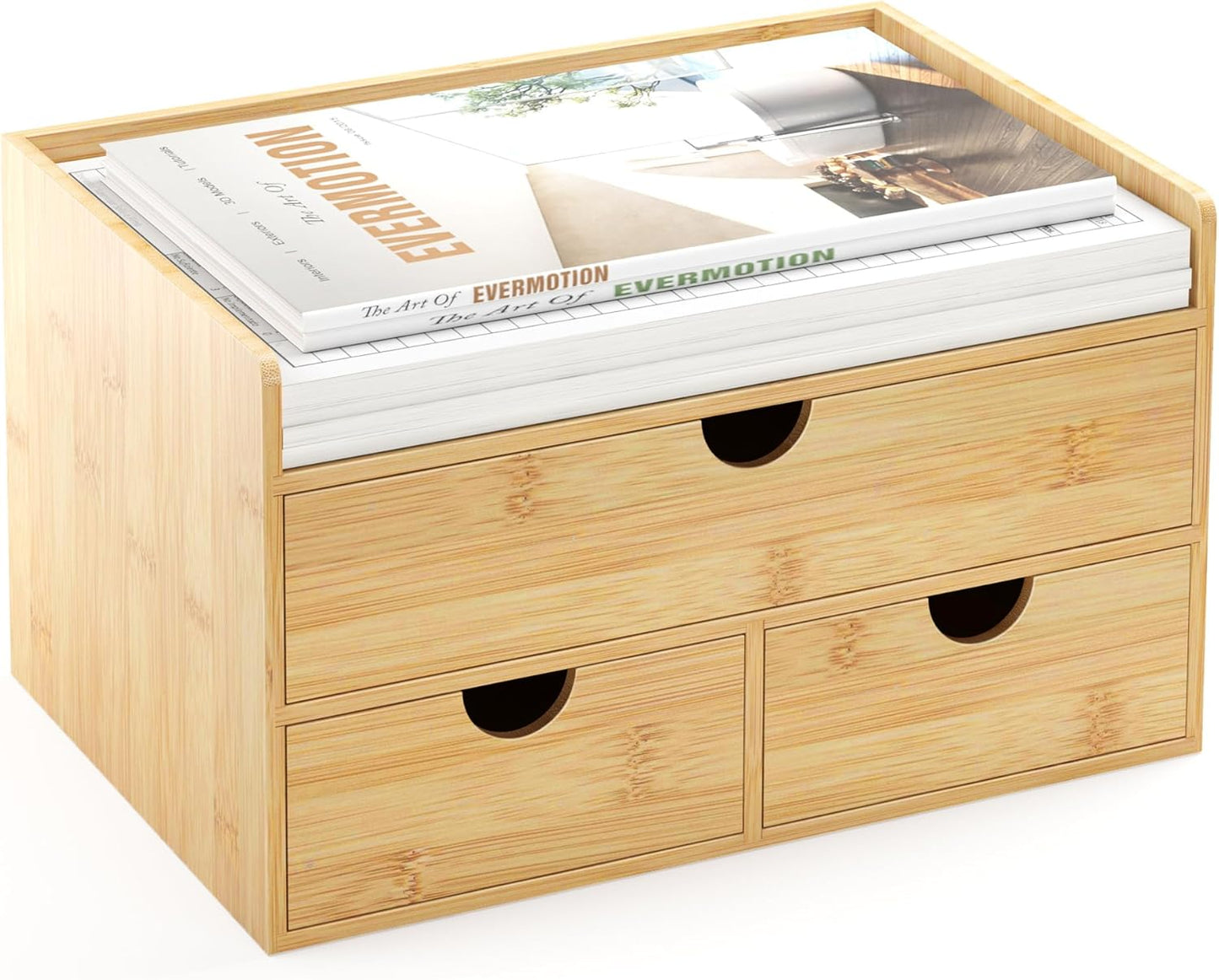 Wisuce Desk Organizer with Drawers - Bamboo Desktop Organizer Storage Natural Wood Desk Drawers Organizer for Bills, Office Supplies, Cosmetics, Seals No Assembly Required 3 Drawers（left-right)