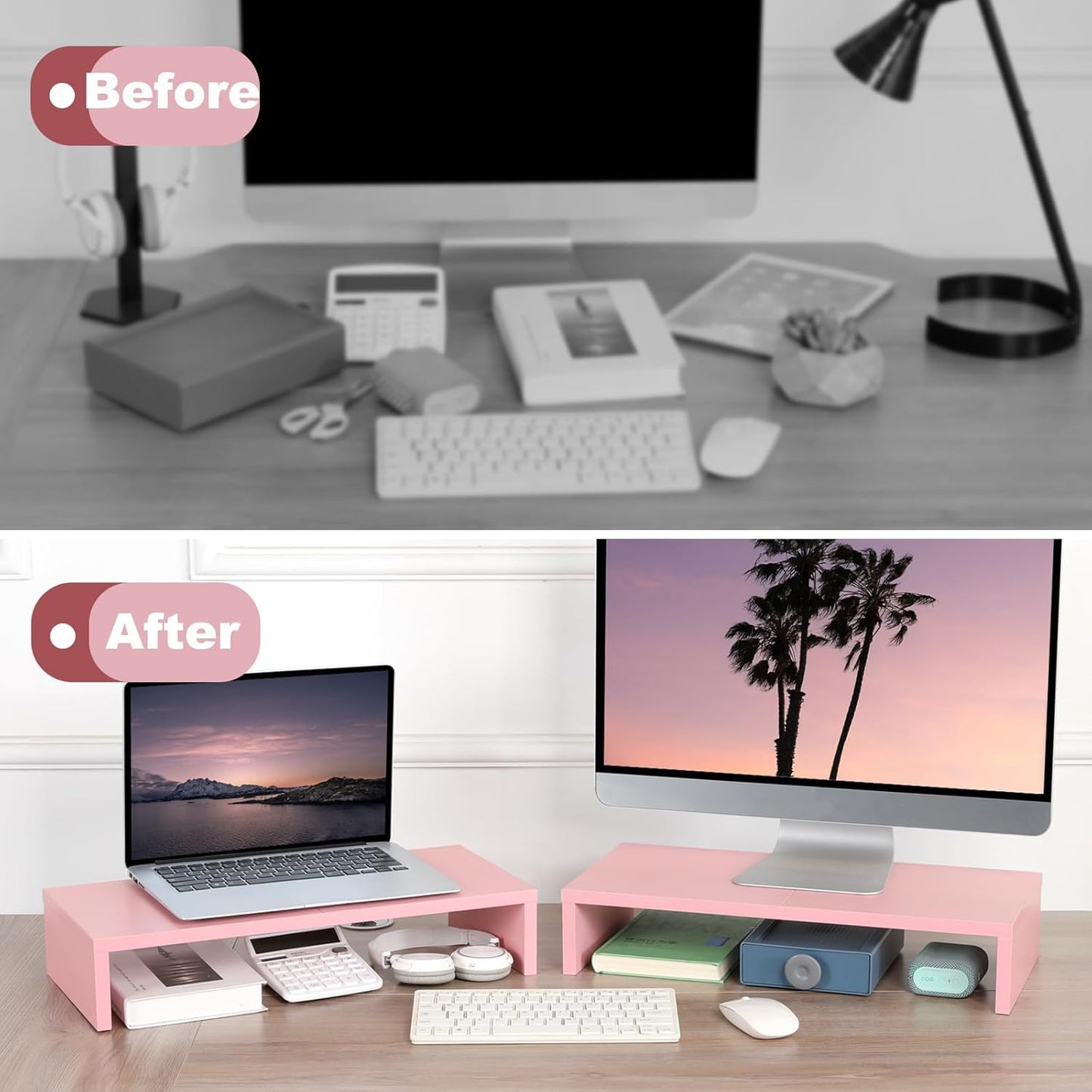 TEAMIX 20 inch White Monitor Stand Riser, Wood Desktop Stand for PC/TV/Laptop/Printer, White Monitor Riser with Storage, Computer Stand with Keyboard Organizer