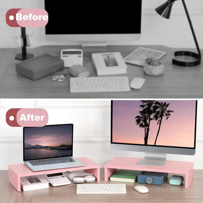 TEAMIX 20 inch White Monitor Stand Riser, Wood Desktop Stand for PC/TV/Laptop/Printer, White Monitor Riser with Storage, Computer Stand with Keyboard Organizer