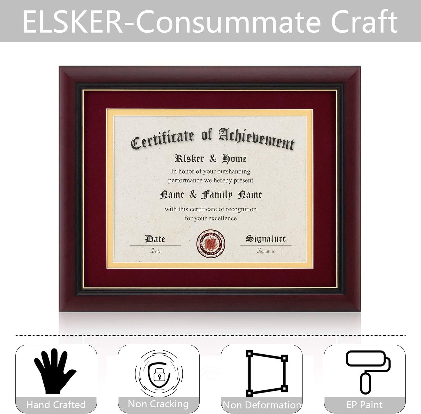 ELSKER&HOME Diploma Frame - Wide Solid Wood Frame - Black Velvet Golden Rim Mat - Semi-Tempered Glass - Includes Hanging Hardware and Desktop Easel(ONLY Display 11×14 Document/Certificate)