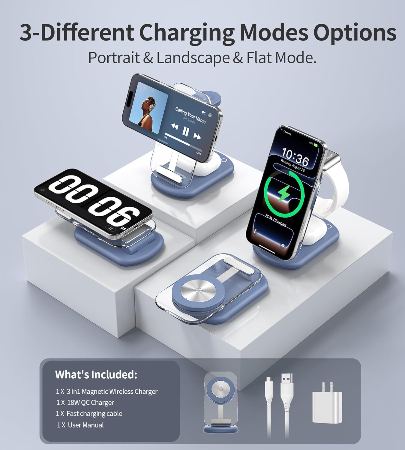 3 in 1 Magnetic Wireless Charging Station for Apple Devices, Fast Foldable Travel Mag-Safe Charger Stand with Night Light for iPhone 17 16 15 14 13 12 Series, Apple Watch/AirPods Pro, BU