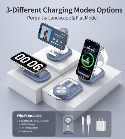 3 in 1 Magnetic Wireless Charging Station for Apple Devices, Fast Foldable Travel Mag-Safe Charger Stand with Night Light for iPhone 17 16 15 14 13 12 Series, Apple Watch/AirPods Pro, BU