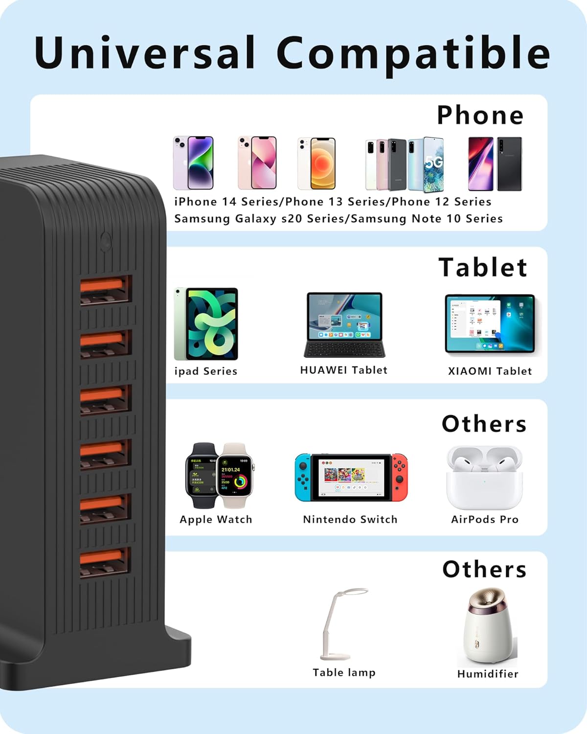 VPSUN USB Charger 6 Port 50W Multi USB Tower Charging Station for Multiple Devices iPhone 15/14/14 Pro/14 Pro Max/13 Pro/13 Pro Max/Android/Samsung/Tablet,etc (Black, 50W)