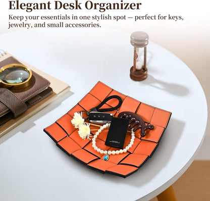 Valet Tray PU Leather Key Holder Bowl for Men Entryway Table Nightstand Desk Tray for Wallet, Keys Men's Gift - Brown & Black, 9.8" L x 9.8" W x 2" H