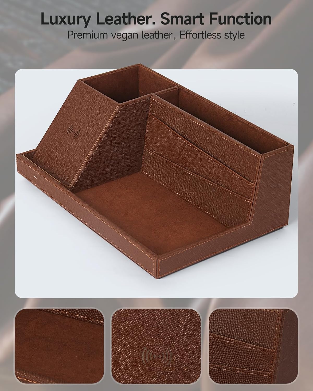 Fast Wireless Charging Station with Desk Organizer for iPhone 17/16/15/15 Pro/14/14 Pro Max/14 Pro/14 Plus/13/13 Pro Max/13 Pro/and iPhone 12/11 Series, Nightstand Desktop Organizer, Brown