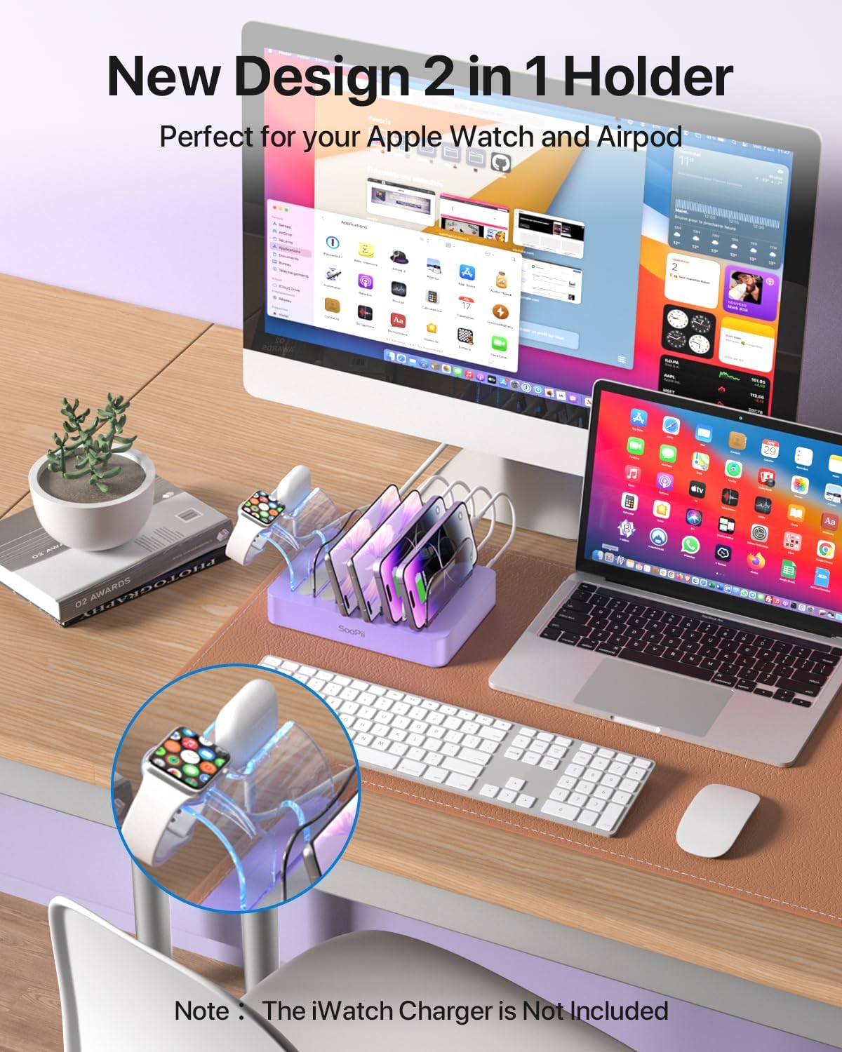 SooPii Premium 6-Port USB Charging Station Organizer for Multiple Devices, 6 Short Charging Cables and One Upgraded i-Watch Charger Holder Included, for Phones, Tablets, and Other Electronics, White