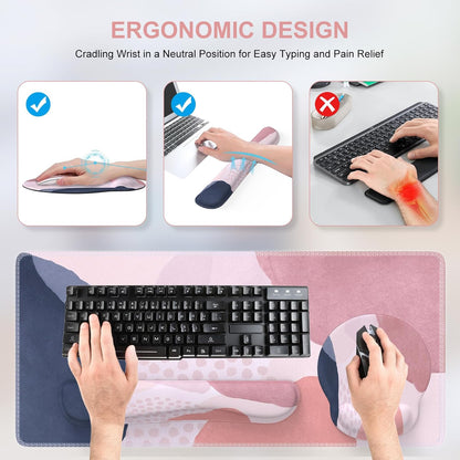 iCasso Desk Mat, Gaming Mouse Pad Wrist Support Set,4in1 XXL Large Mousepad + Keyboard Wrist Rest+Mouse Wrist Rest+Coaster Set with Ergonomic Design for Home Office Table Computer-Penoy