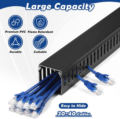 ZhiYo 2 x 2in Professional Server Rack Cable Management Raceway, 99in (6X L16.5in) Cable Raceway Kit, Electrically Safe PVC Open Slot Wire Raceway for Under Desk/Computer/Network Cords, Black