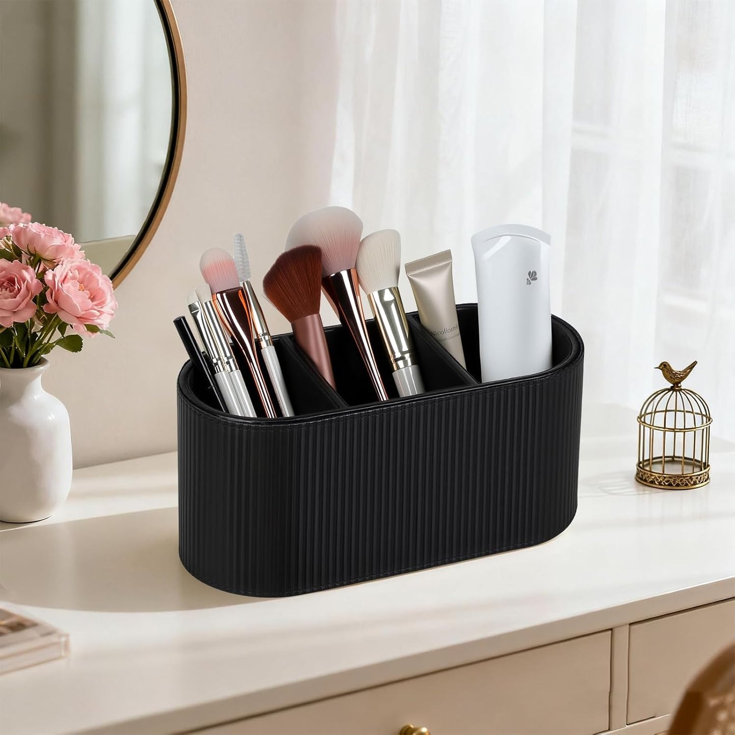 Aesthetic Remote Control Holder, PU Leather Pen Holder for Desk with 3 Compartments for Home Office Supplies and Accessories, Stylish Bedside Remote Holder Nightstand Desktop Organizer (Beige)