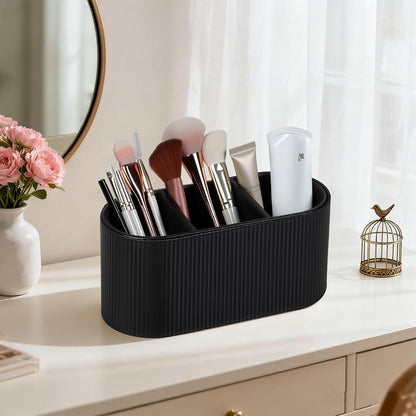 Aesthetic Remote Control Holder, PU Leather Pen Holder for Desk with 3 Compartments for Home Office Supplies and Accessories, Stylish Bedside Remote Holder Nightstand Desktop Organizer (Beige)