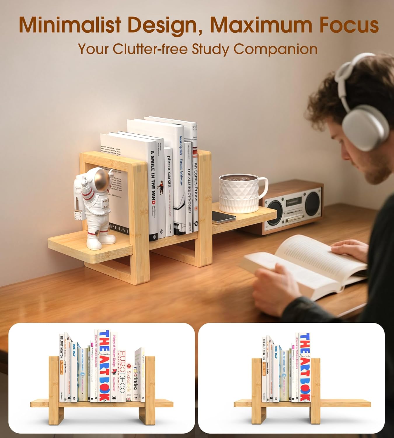 Small Adjustable Desk Bookshelf Organizer – Open Bookend Shelf Flexible to Fit as Much or as Little with Slide-in Joints | Portable, Reversible for Class, Dorm, Home Office | Bamboo