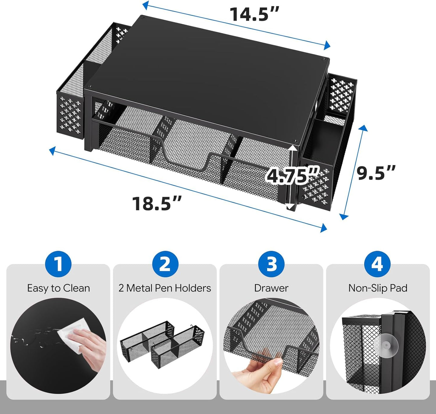 Simple Trending Desk Organizer and Accessories, Computer Metal Monitor Stand Riser with Drawer and Pen Holder for Laptop, Computer, iMac, Black