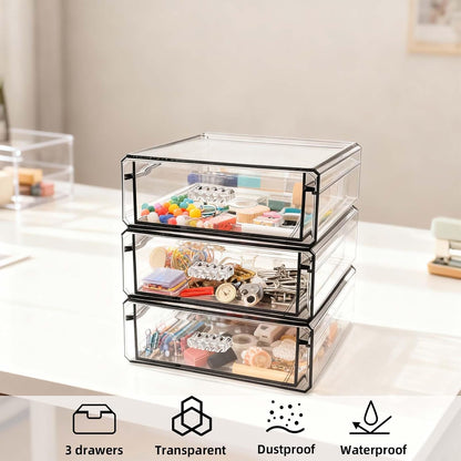 Drawer Organizers, Clear Stackable Storage Boxes for Kitchen Utensils, Office Desk, Bathroom, Makeup & Craft Drawer Organization (Small - 3 Pack)