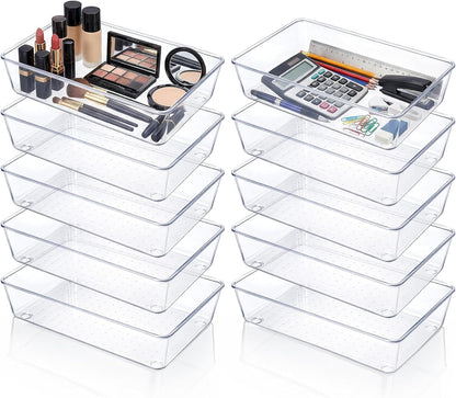 10 Pack Clear Plastic Drawer Organizer, 6" X 9" Acrylic Storage Bins with Non-Slip Pads, Acrylic Drawer Organizer Tray, Clear Desk Storage Tray for Makeup, Kitchen Utensils, Jewelry, Office, Bathroom