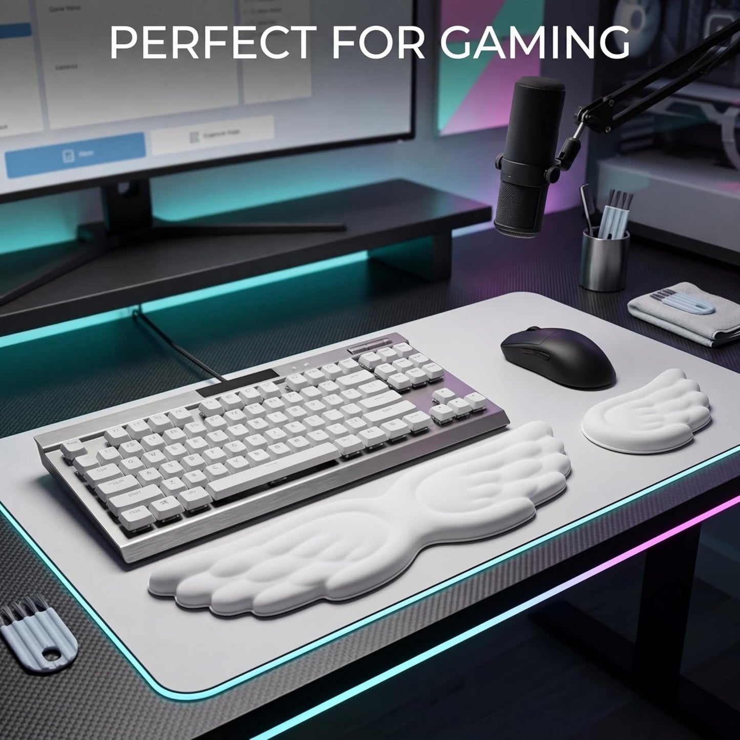 White Angel Wings Ergonomic Memory Foam Wrist Rest Computer Keyboard and Mouse Set Cute Gaming Keyboard Wrist Support pad PU Leather Surface Non-Slip and Waterproof Includes a Cleaning Brush