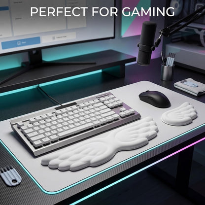 White Angel Wings Ergonomic Memory Foam Wrist Rest Computer Keyboard and Mouse Set Cute Gaming Keyboard Wrist Support pad PU Leather Surface Non-Slip and Waterproof Includes a Cleaning Brush
