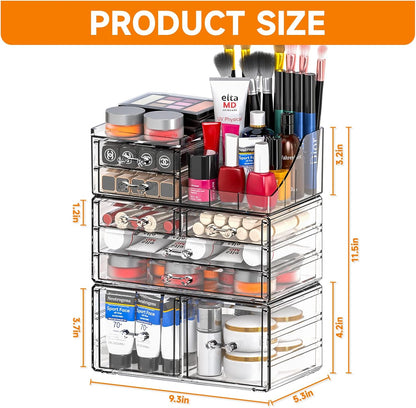 Cq acrylic Make Up Organizers for Vanity With 14 Drawers, 4 Pack Clear Drawer Organizers,Plastic Cute Desk Accessories Organization and Bathroom Organizers Storage Case Box Cube for Beauty,Skin Care
