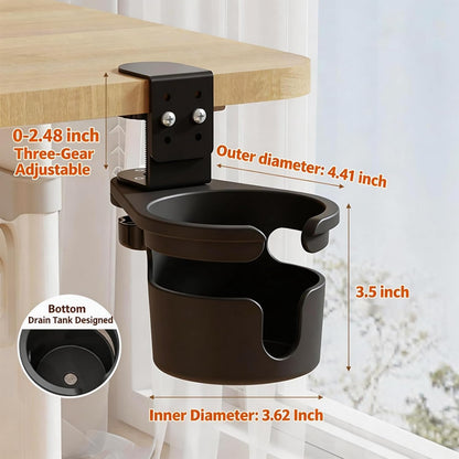 Clamp-On Under Desk Organizer with Cup Holder, 360° Rotating Mesh Drawer with Cable Hole, No-Drill Desk Drawer Organizer for Gaming Desk Accessories, Office Supplies, Coffee Mug, Dorm(2 in1)