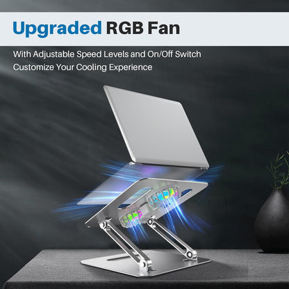 YICOSUN Adjustable Laptop Cooling Stand with 2 Quiet Fans & RGB Lighting, Aluminum Alloy & Foldable Ergonomic Design for MacBook, Lenovo, ASUS, Dell 10-16 Inch, Perfect for Gaming, DJ, Office - Silver
